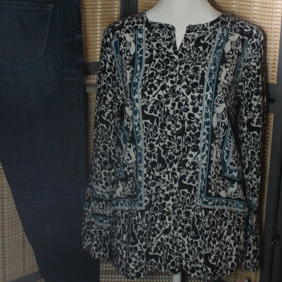 LOFT Navy White & Teal Blouse with Woodland Creatures and Unicorn Motif - Picture 2 of 8